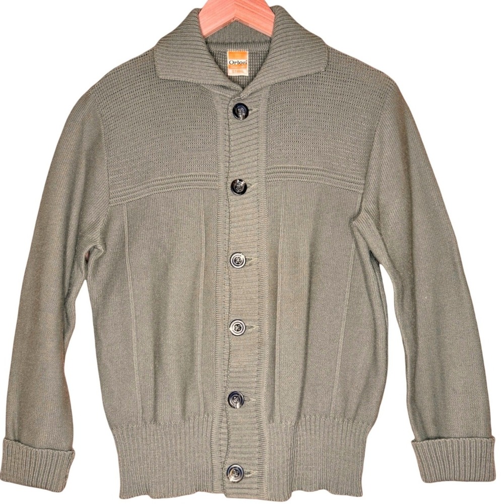 Vintage Orlon Voya Cardigan Sweater Olive Green S Ribbed Knit Grandpacore Wool
